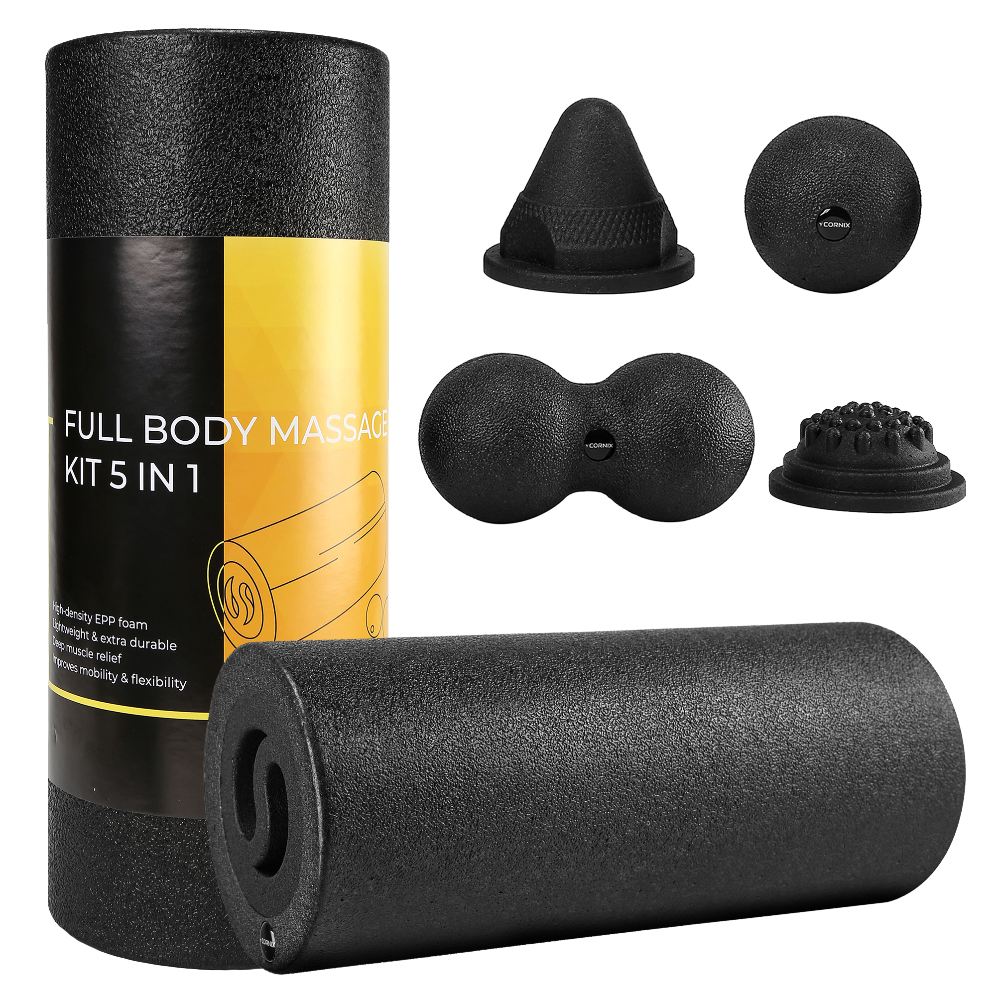 Массажный набор Cornix EPP 5 в 1 ролик, мячи и триггерные насадки для МФР XR-0490 Black