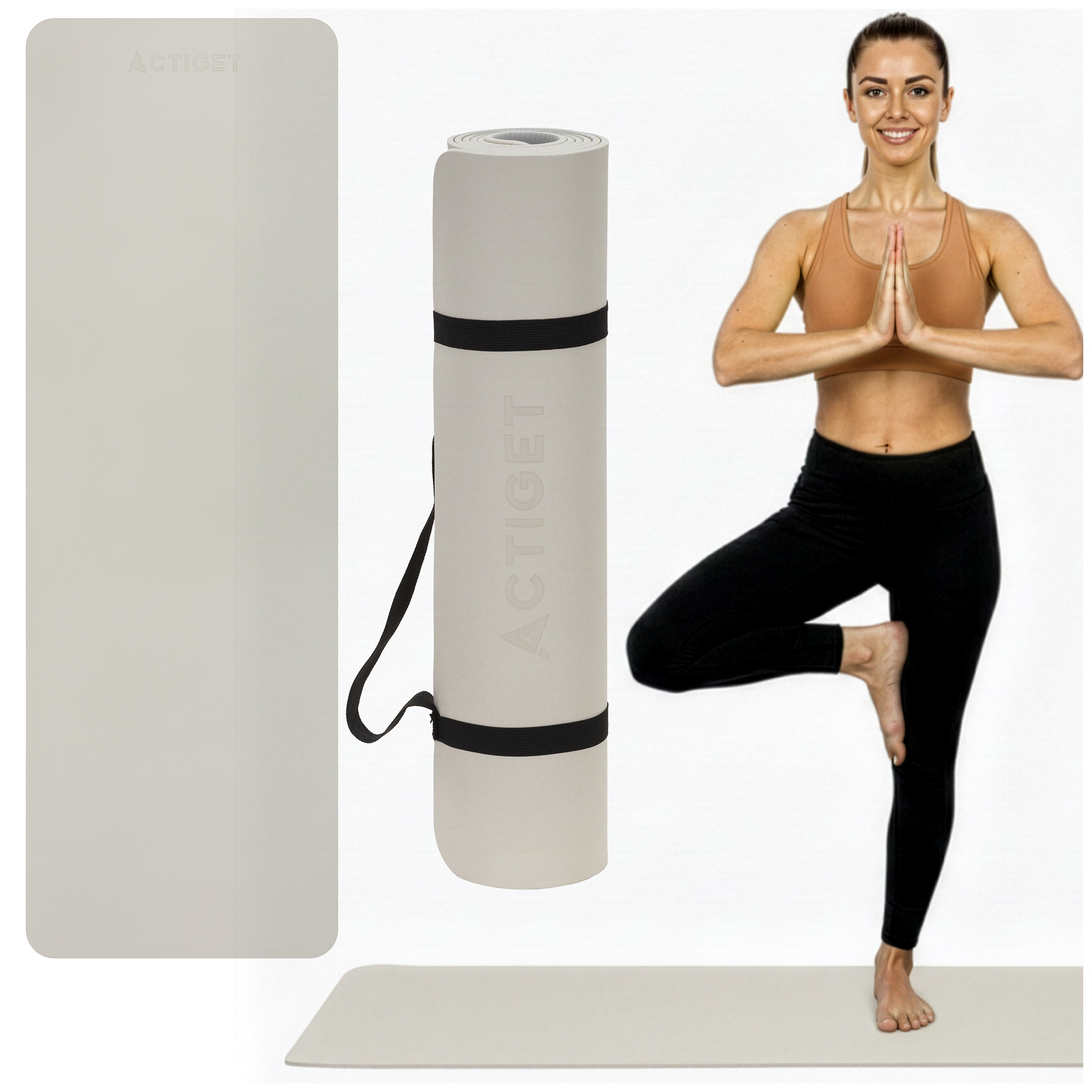 Коврик спортивный Actiget TPE 183 x 61 x 0.6 см для йоги и фитнеса ACT0025 Biege/Grey